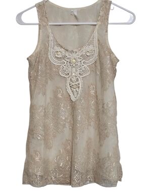 Studio Y Cream Lace Overlay Camisole with Crochet Bib